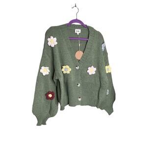 Bibi Flower Crochet Patches Knit Sweater Cardigan Olive Green Womens Size L NWT